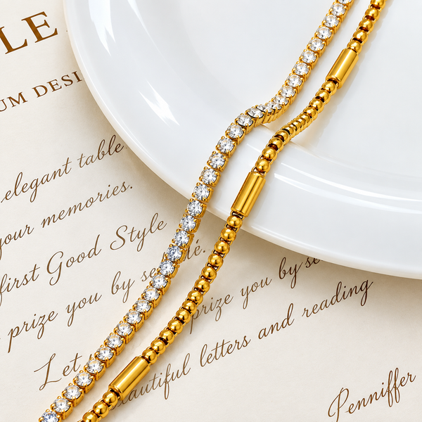 Stainless Steel Double Chain Bracelet with Sparkling Rhinestones