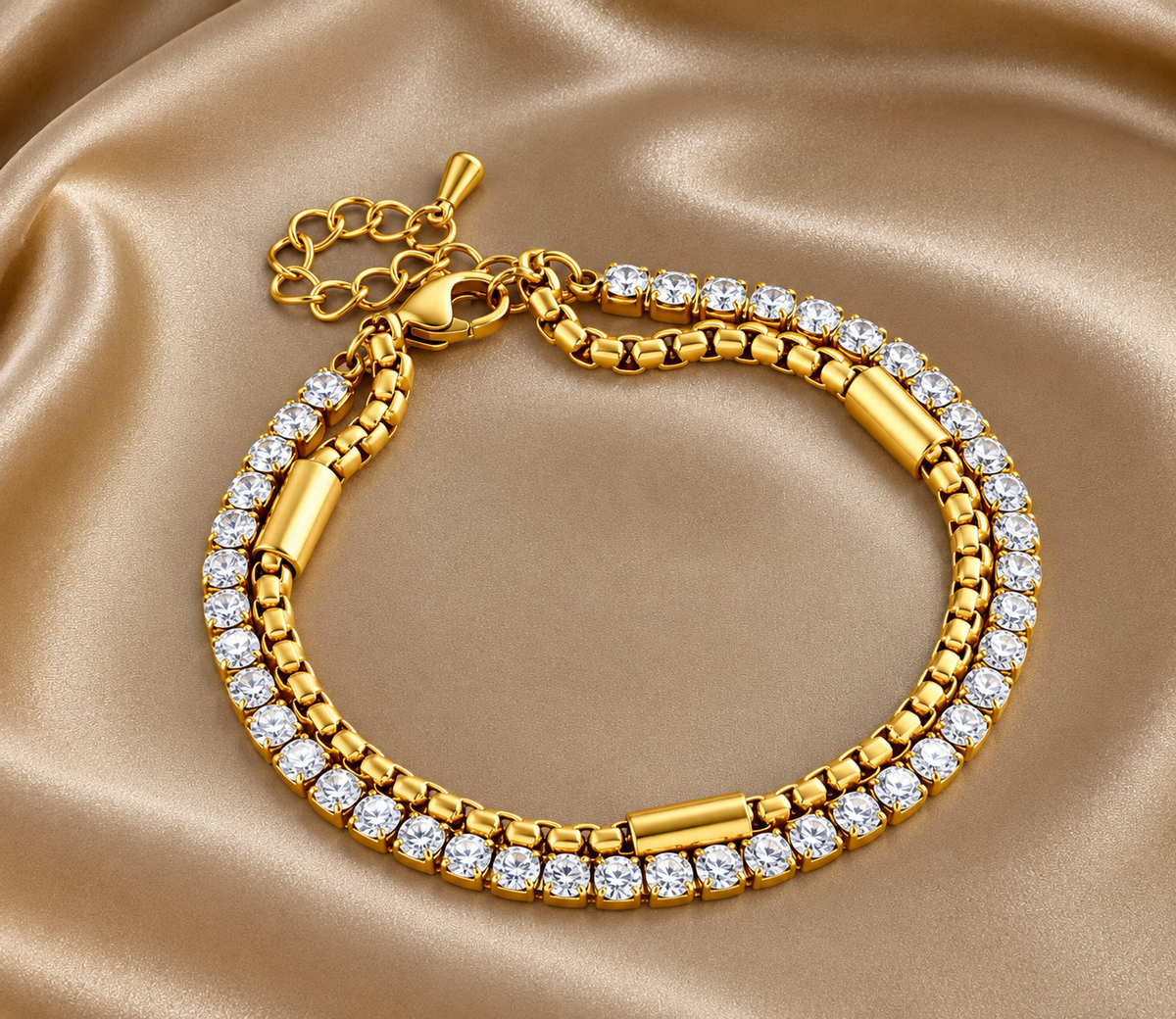 Stainless Steel Double Chain Bracelet with Sparkling Rhinestones