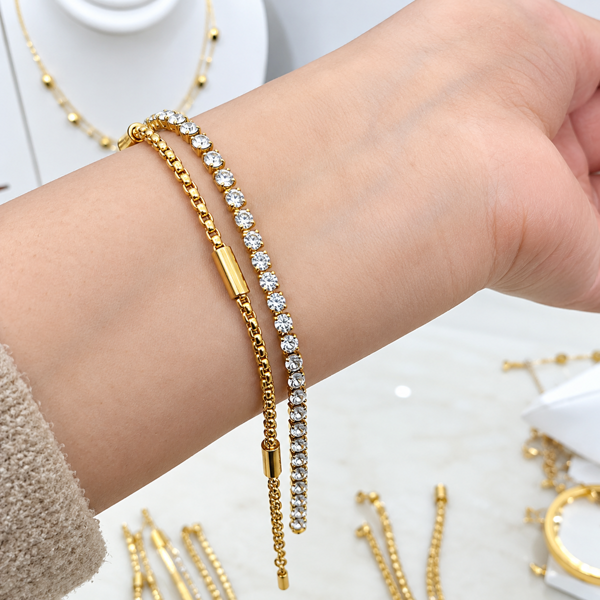 Stainless Steel Double Chain Bracelet with Sparkling Rhinestones