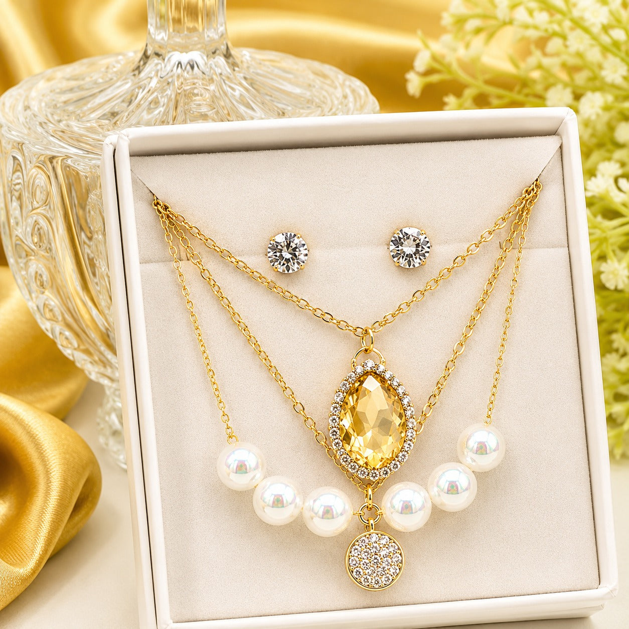 Fancy China 3 layer Locket and 3 pairs tops with gift box