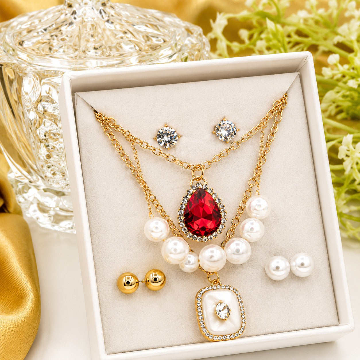 Fancy China 3 layer Locket and 3 pairs tops with gift box