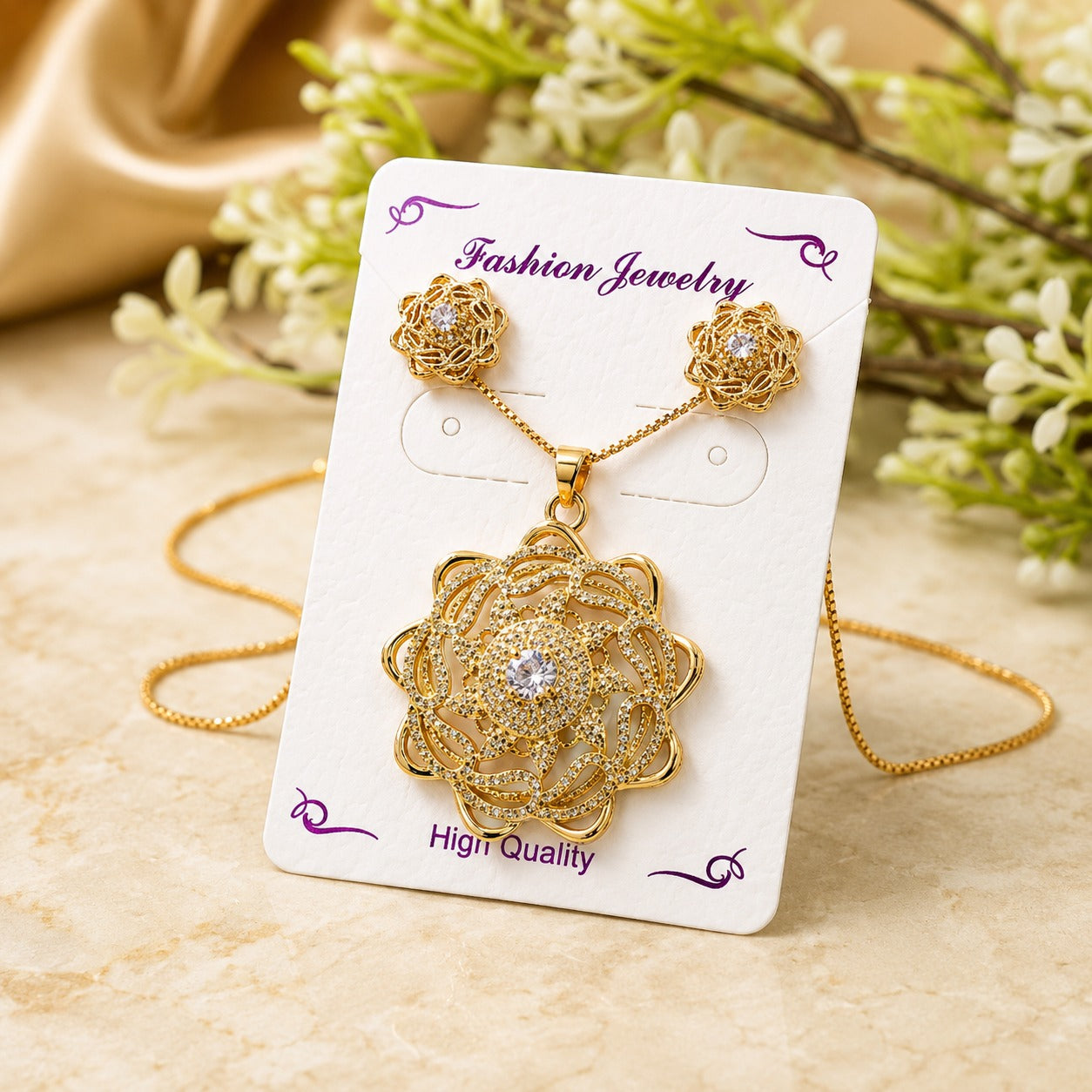 Fancy China Gold Plated Zarqoon Flowers Locket Set