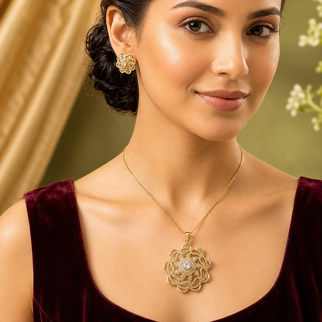 Fancy China Gold Plated Zarqoon Flowers Locket Set